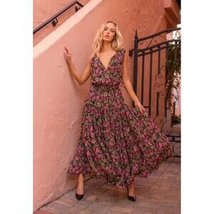 Misa Los Angeles Hollen Fuschia Floral Tiered Sleeveless Maxi Dress‎ XS Feminine